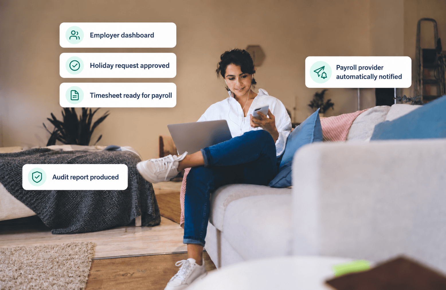 An employer reviewing her employer dashboard, with a holiday request approved, a timesheet ready for payroll, an audit report produced and her payroll provider automatically notified